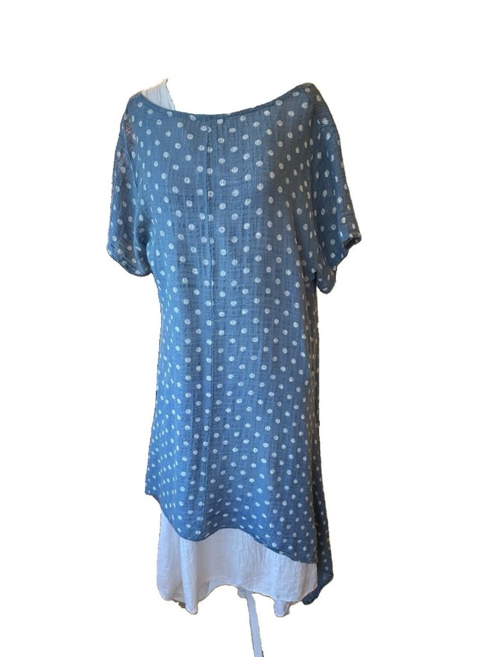 Made In Italy Linen Dress Blue White Polkadot Tunic Lagenlook  Boho Med